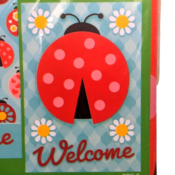 Wincraft 2 Sided Welcome Floral Ladybug Blue Red & Pink Small Garden Flag - Picture 3 of 4